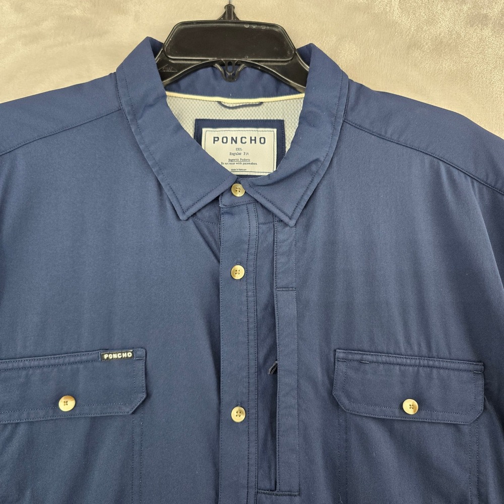 Poncho Fishing Shirt Mens 3XL Blue Short Sleeve Magnetic Pockets Regular Fit
